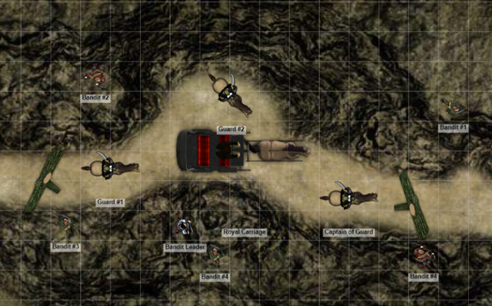 The image depicts a map made on Roll20. The is a path surrounded by steep cliffs. On the path is a Royal Carriage, escorted by two mounted guards and led by the Captain of the Guard who is also on horseback. In front and behind this group are two logs blocking the path. Upon the cliffs stand four bandits and their leader.